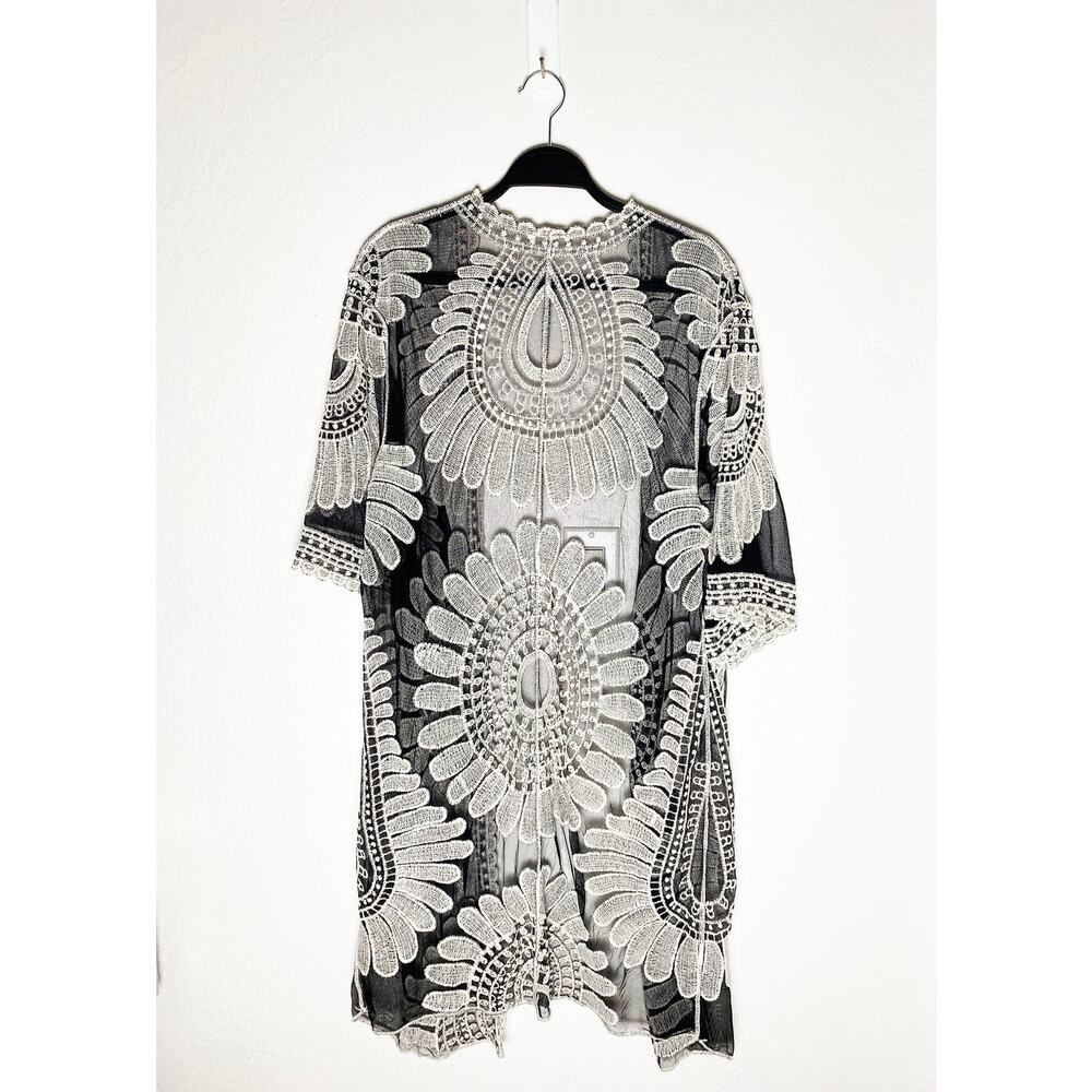 Women's Black Boho Lace Kimono Duster White Embroidered Floral Open Front Sheer - Picture 2 of 4